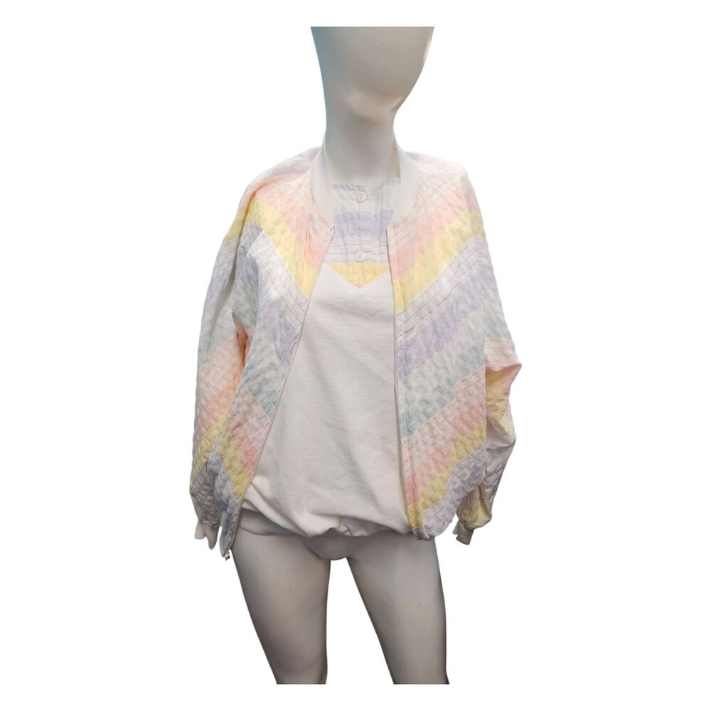 Vintage 80's 2 Piece Shirt and Jacket Set Pink Searsucker Womens Size Small